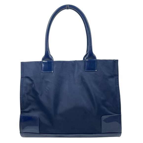 Tory Burch Small Ella Patent Leather Tote Bag Nylon Purse Navy Blue - Picture 4 of 11